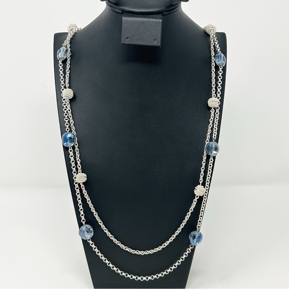 Modern Monet Silver Tone Swirl and Blue Rhinestone Beaded Layered Long Necklace - Picture 1 of 8